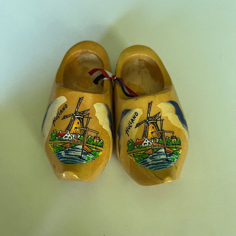 Vintage Holland Hand Carved Clogs Windmill Painted Wooden Shoes Yellow 4" Long